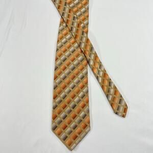 Vintage Bruno Conte Silk Necktie Geometric Check Tan Gold Orange Brown Mens 4"